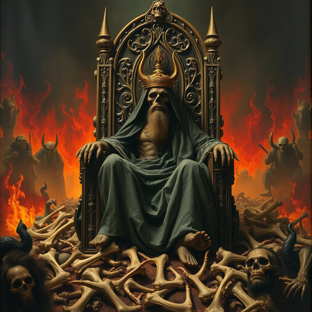 Obese colicky Mamman sitting on a throne of bones in hell, heavy metal magazine aesthetic, by Wes Benscoter, by Hieronymus Bosch, by VS Gaitonde, horror oil painting that looks old, mephitic, cinematic lighting, epic masterpiece, impressionism