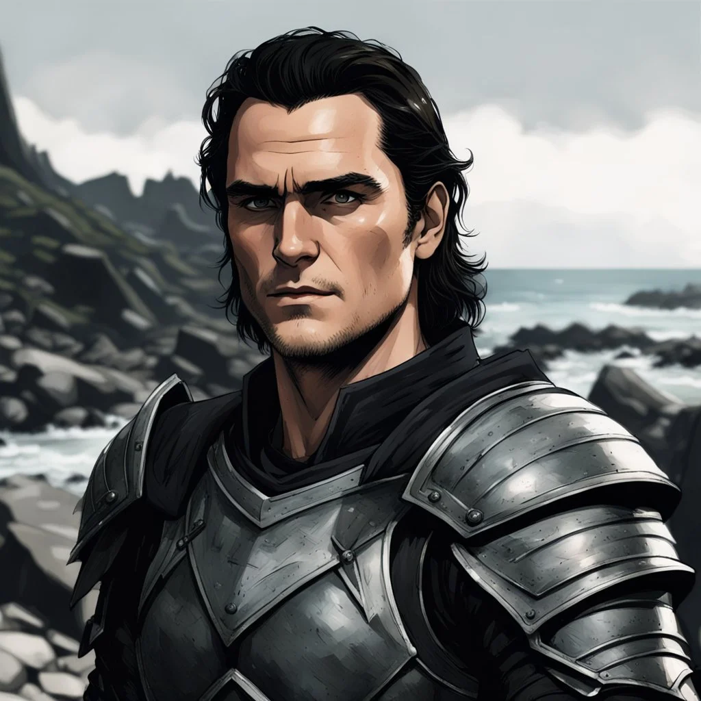 A portrait of Joaquin Phoenix in his early 30s, long beachy haircut, black hair, on a rocky island, in ebony armor from Skyrim, melancholic and dangerous facial expression, half-smiling, in the style of ink manga