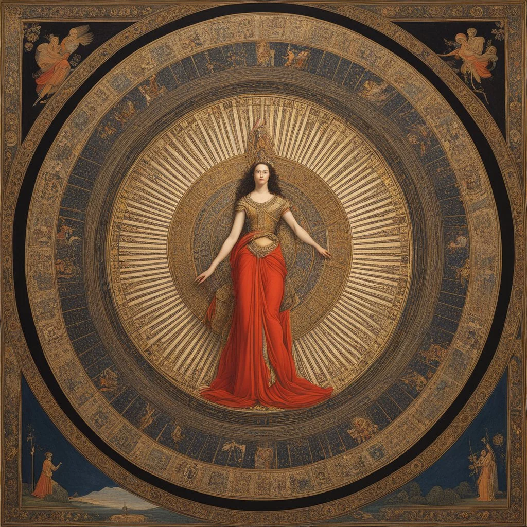 In the center of the room stands the imposing figure of the goddess Fortune, her gaze unyielding and her presence commanding. The wheel of Fortune dominates the space, its relentless motion echoing the inexorable march of time. Around the goddess are the mortal figures - the slave, the king, the poet - frozen in time, their expressions a mix of resignation and despair.