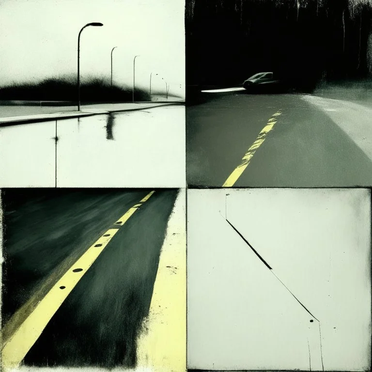 Minimal abstract oil paintings desolate 1960s carpark concrete fragments style of Justin Mortimer and Francis Bacon. road markings.