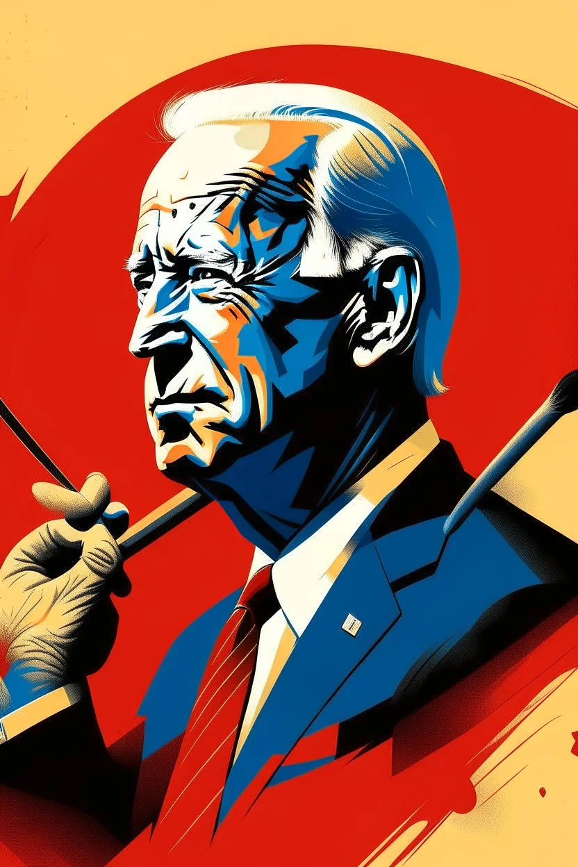 stylized stencil portrait of Joe biden in solid red, beige and dark blue with the the script 遵守 on the bottom of the image in yellow with a hammer and scythe in the background