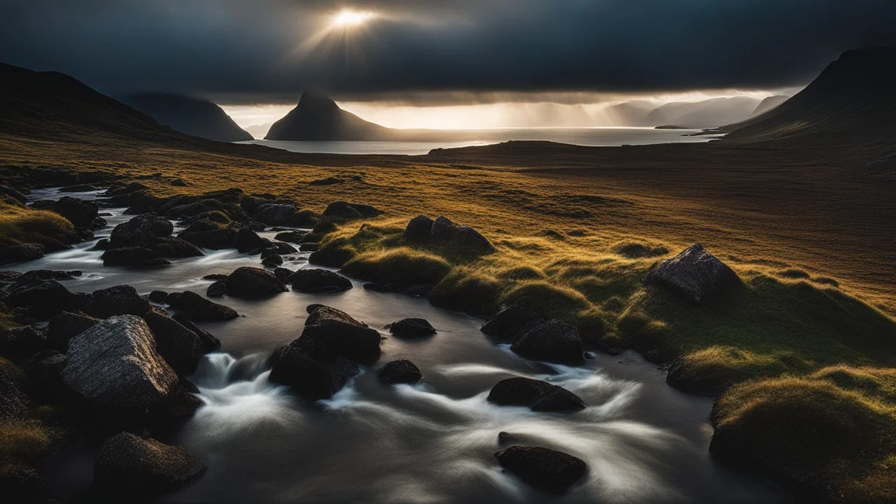 Mountainous landscape on Kerguelen, dramatic sunlight, chiaroscuro, awe-inspiring, beautiful composition, award-winning photograph