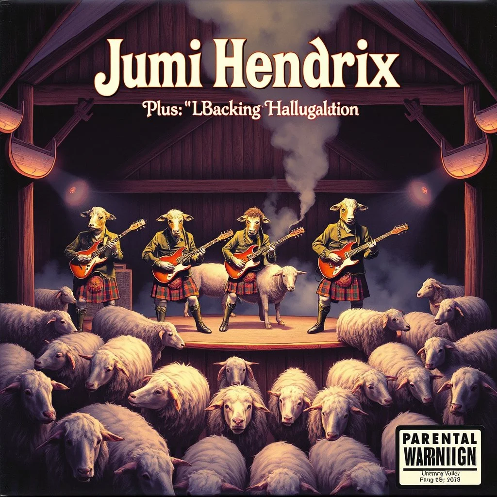 Uncanny valley hallucination illustrated album cover, Jimi Hendrix plus a backing band anthropomorphic cows in kilts playing guitars on a stage in a barn to an audience of sheep, smoke machine on stage, fantastical, faint glitchy textures, surreal, sophisticated, dramatic, creepy, 'Parental Warning Sticker' on bottom right