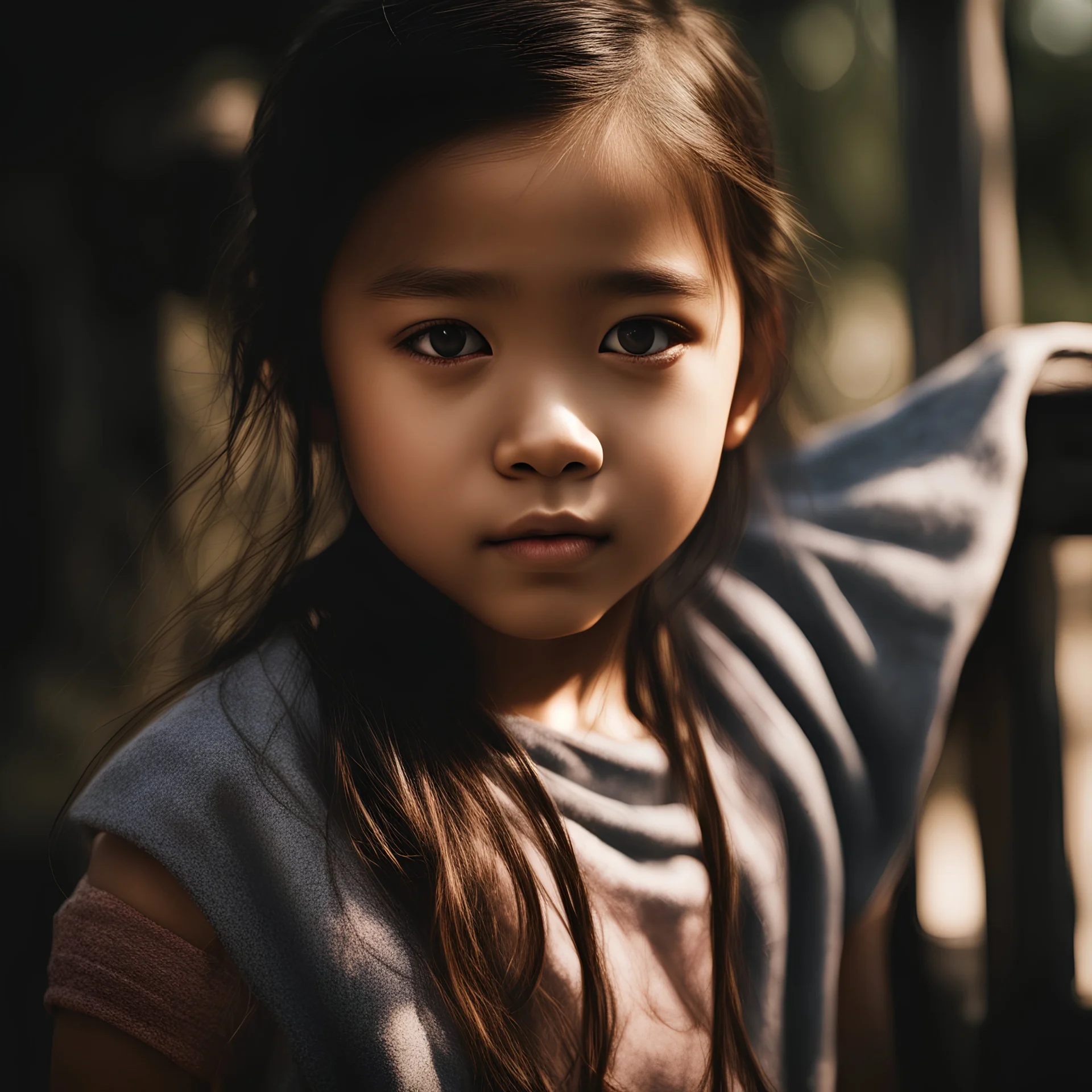 high resolution) (portrait), (little latino Asian girl), (harsh light), (intense shadows), (contrasting tones), (close-up), (cheerfull expression), ((emphasized features)), striking eyes, (unique angle), (bold composition), (intense mood), ((contoured features)), (strong personality), (realistic skin texture), (professional photography), (edgy fashion), (creative makeup), ((intense gaze)), (fierce beauty), (sharp details), ((fashion model)), ((high cheekbones)), (dark brown eyes)