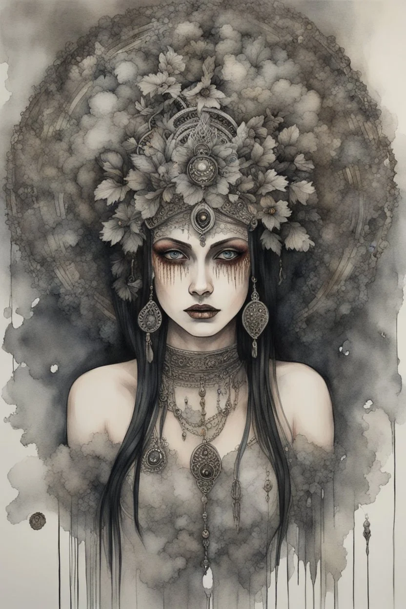 Aquarelle vantblack pouring Acrylic A beautiful ancient shamanism watercolour woman angelic Beauty extremely textured botanical faced portrait with a voidcore fil gothica headdress with metallic filigree gothica ornaments around ribbed with agate stones half face mand azurit and onix mineral stone metallic watercolour palimpsest steampunk filigree silver voidcore shamanism foral pansy margaréta daisy black ink on half face masque gothica filigree voidcore athmospheric organic bio spinal