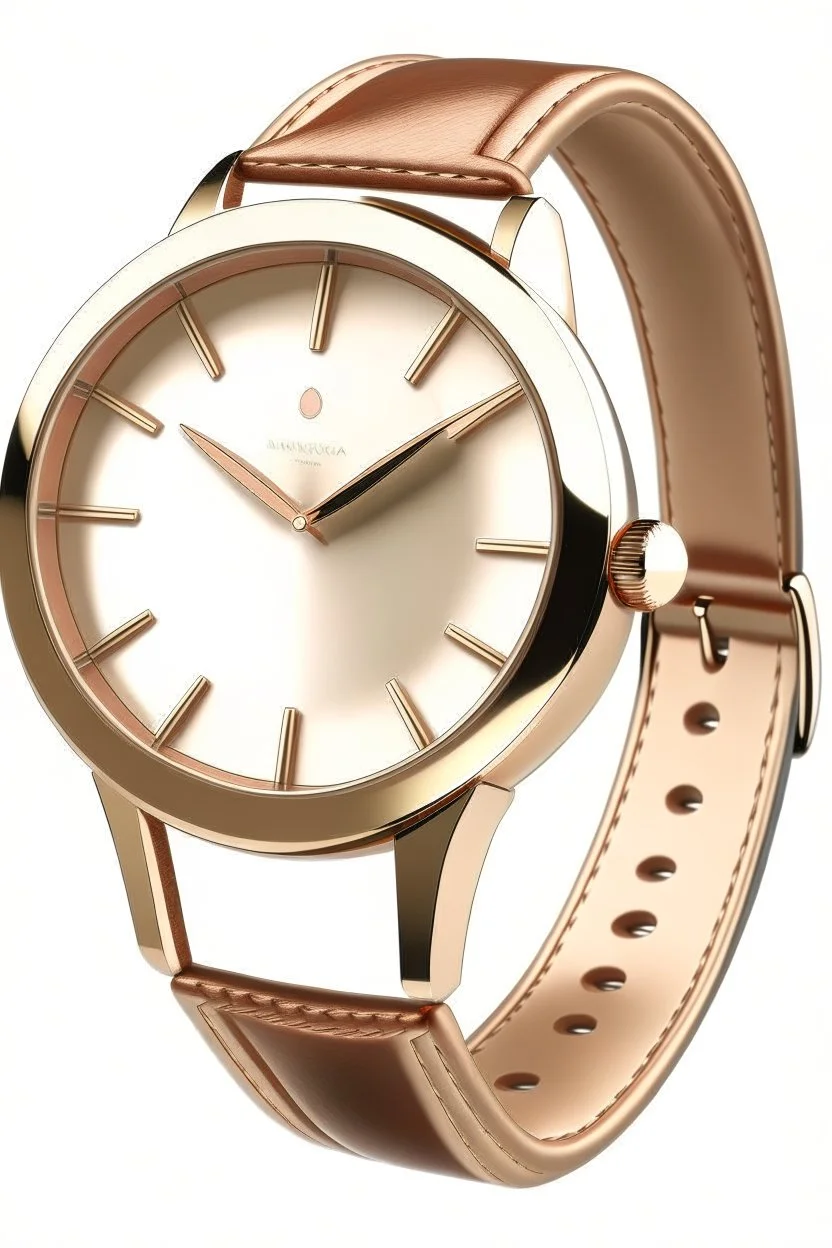 Create a realistic depiction of a retro ladies' wristwatch with a rose gold case, featuring a minimalist design, a slim leather strap, and a sunburst dial."