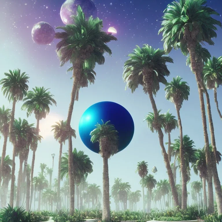 1980's aesthetic vaporwave palm trees with spheres and ufo