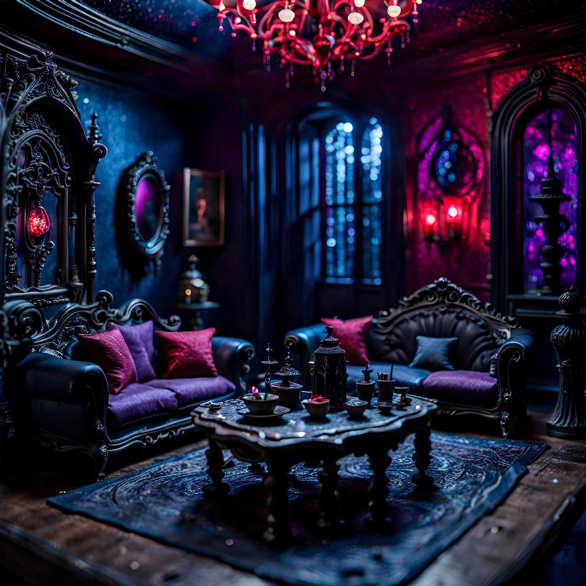 Detailed creepy living-room made of modeling clay, very accentuated details, Tim Burton, strong texture, extreme detail, Max Ernst, decal, rich moody colors, sparkles, bokeh, odd