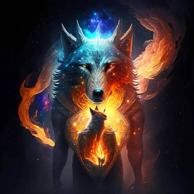 A terrible creature with a wolf's head and a human body,A shield made of fire and magic and the galaxy