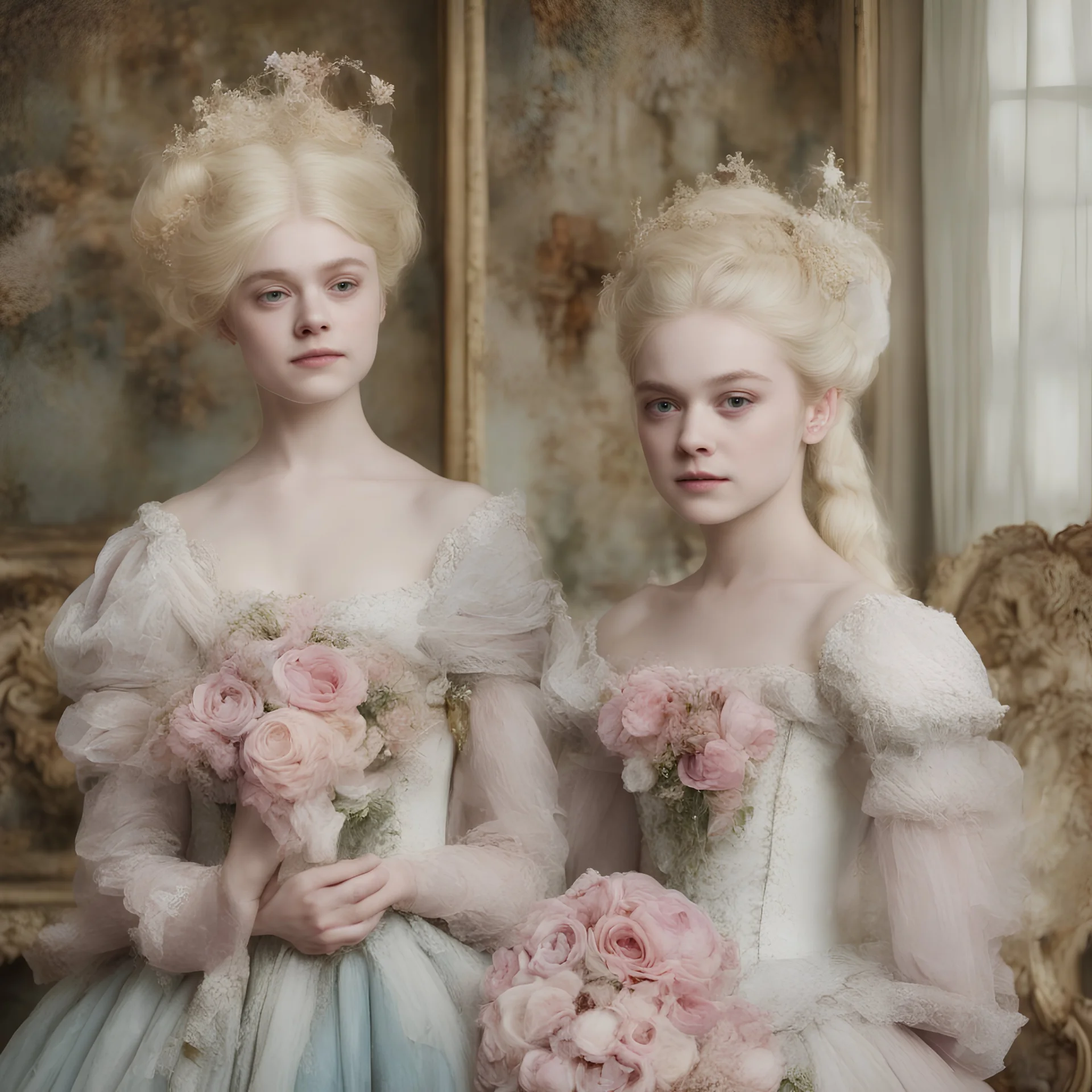 Elle fanning and dakota fanning , as flowers, as Marie-Antoinette