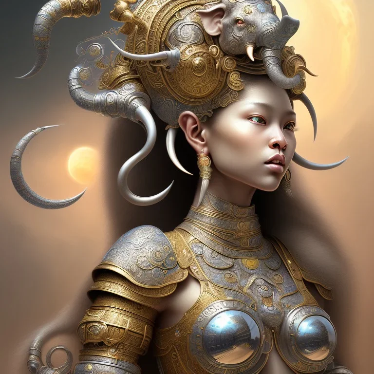 Sango fantasy, fantasy magic, intricate, sharp focus, illustration, highly detailed, digital painting, concept art, matte, art germ and Paul Lewin and Kehinde Wiley, masterpiece silver elephant head bronze Buddha Asian African girl nice breast Hawaiian hair turquoise golden waves