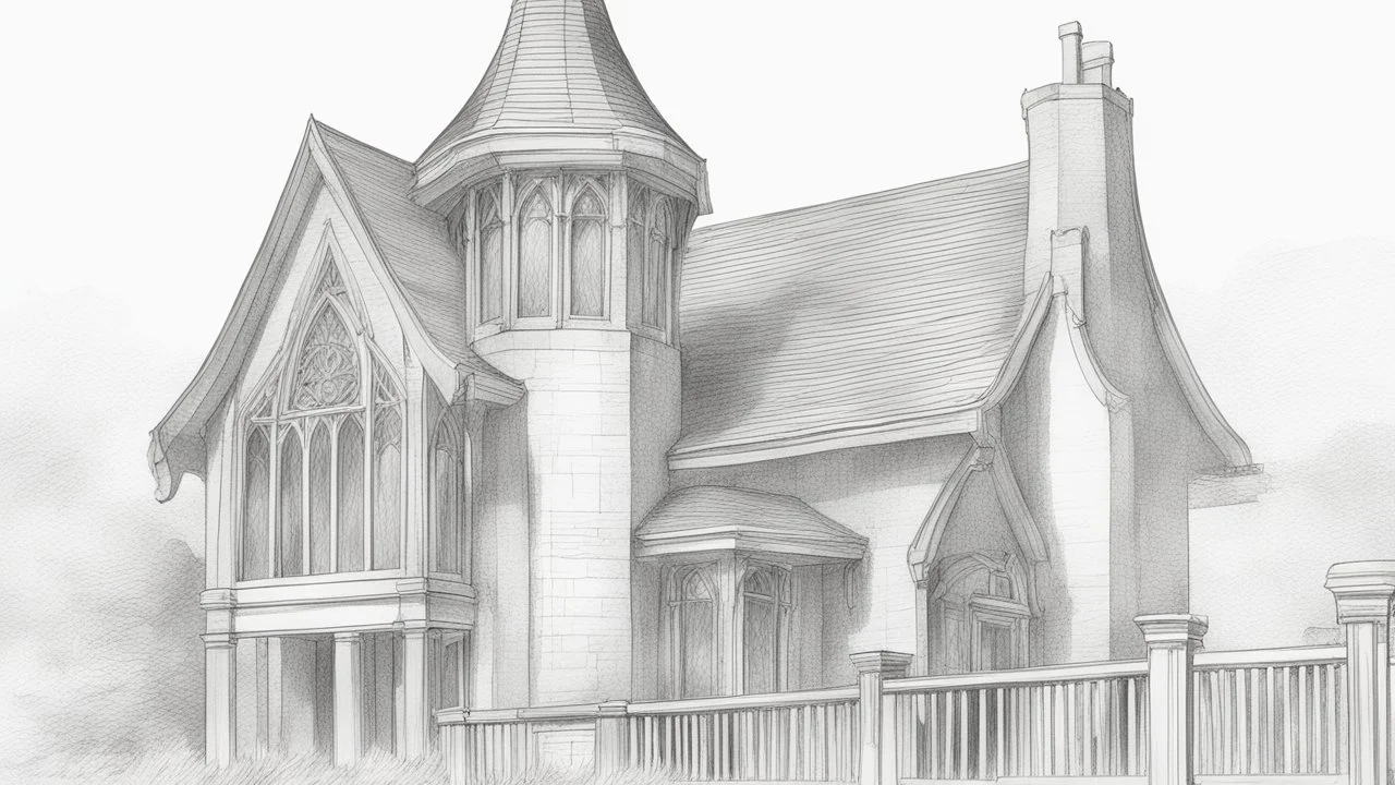 outline pencil sketch of a Gothic house, tall crooked chimney, and roof