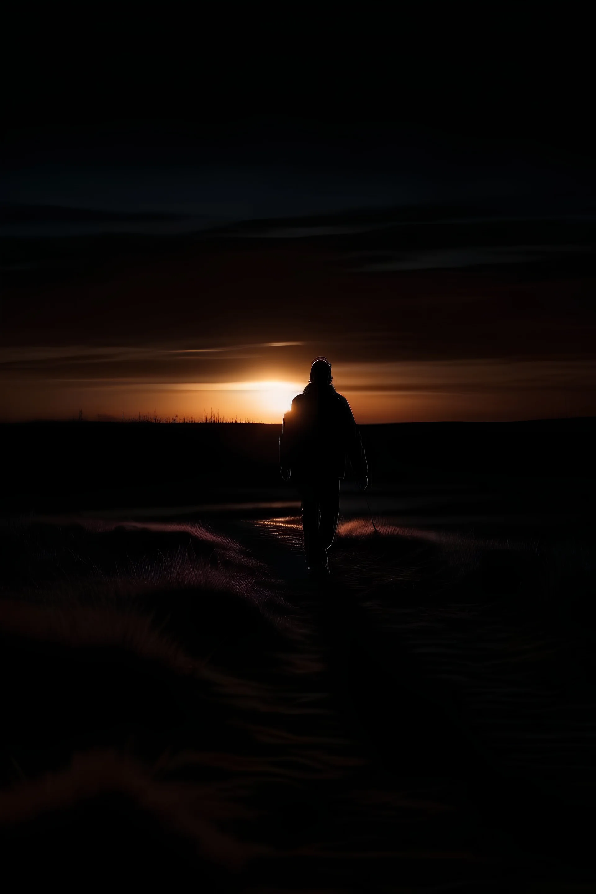 photo image of someone walking in the dark with a flashlight towards a faraway sunrise