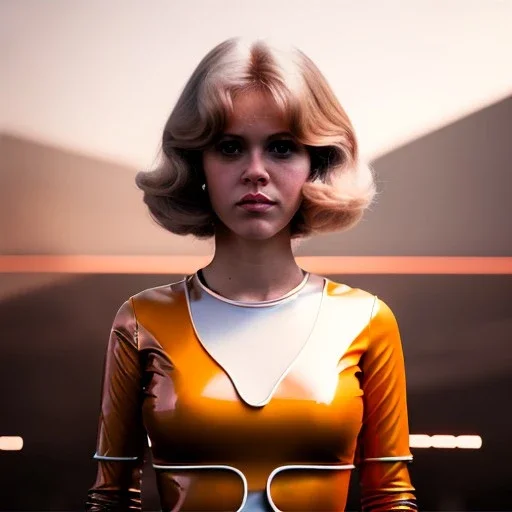 Ultra Realistic retro sci-fi portrait New York image from 1960, many explosions, sweet young Jane Fonda, tight latex suit, weapon, fighting stance, soft color, highly detailed, unreal engine 5, ray tracing, RTX, lumen lighting, ultra detail, volumetric lighting, 3d, finely drawn, high definition, high resolution.