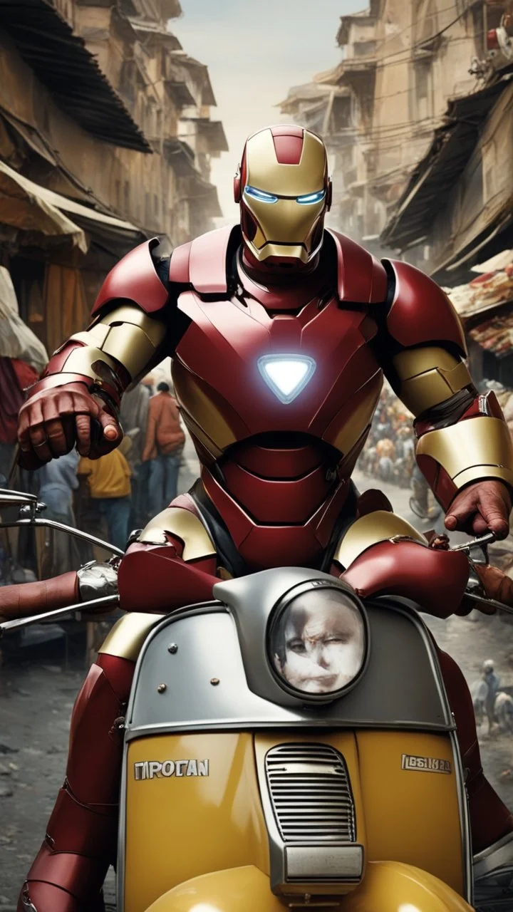 Mega Fatman wearing ironman suit , riding an old vespa in traditional busy market, with like thumb, realistic ,Pixar mode, full body, perfect composition, well centered portrait. with like thumb