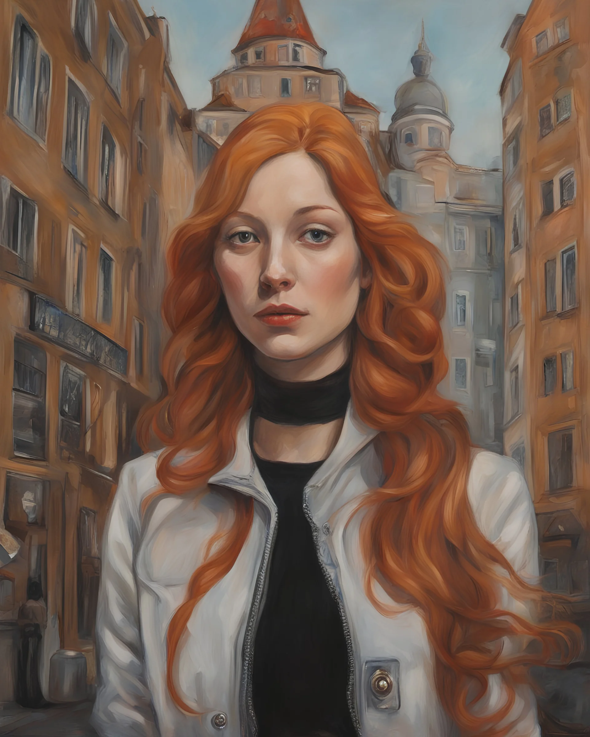 Ginger hair Alexandra "Sasha" Aleksejevna Lussinin the head Apple Vision Pro of lovely bombshells Stocholm city oil paiting fantasy psychology dream, symptom, paint Salvador Dalí style in the Stocholm city