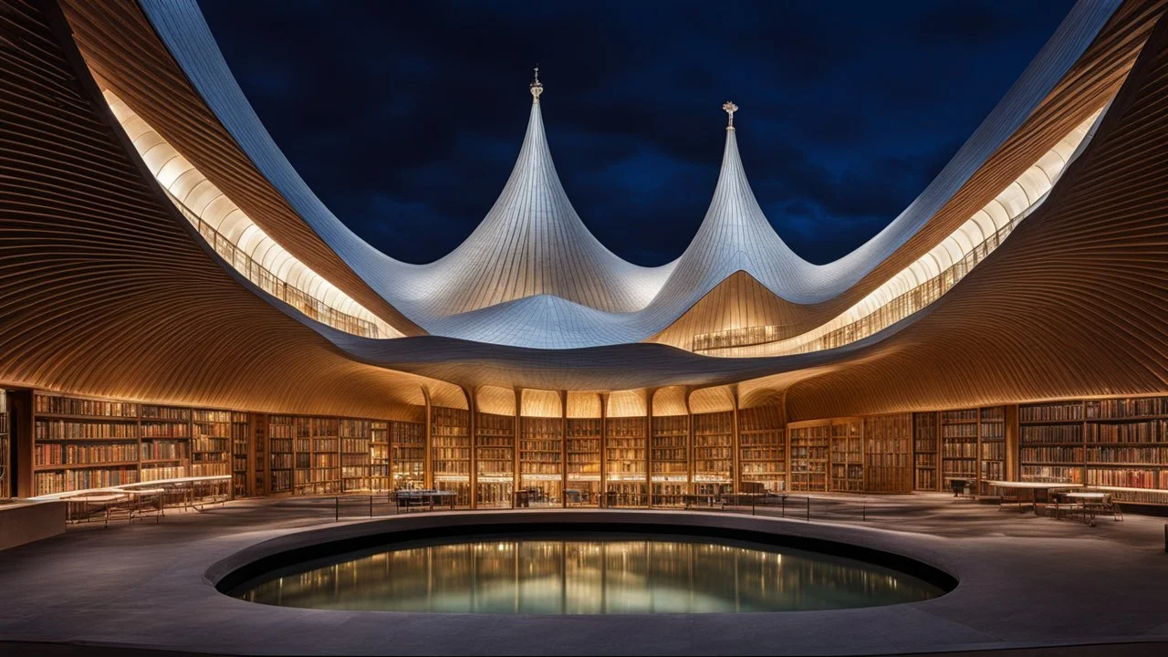 2084, delightful, sensitive, confident, undulating sinusoidal library with pointed hyperbolic roofs, delicate, night, darkness, water features, exquisite architecture, innovative design, award-winning photograph, beautiful composition, filled with beautiful detail, delicate colour, chiaroscuro