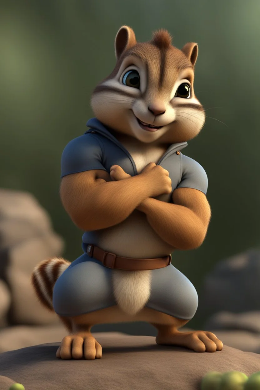 Cute 3d animated chipmunk, he is a bodybuilder with cute muscles