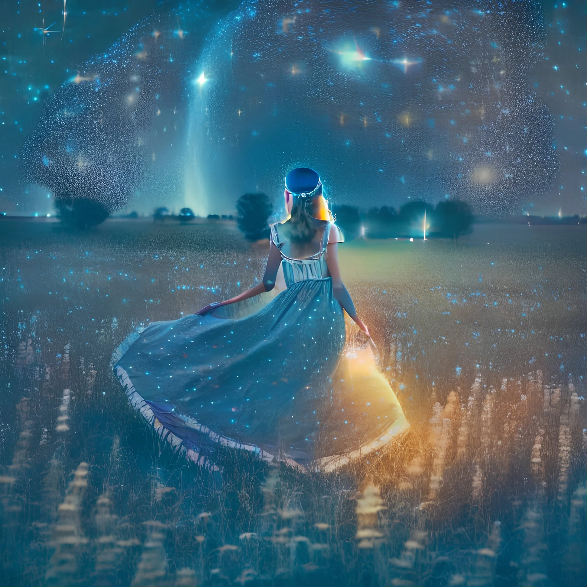 a young woman in a sleeveless dress in a field at night with lots of stars, looking at a UFO