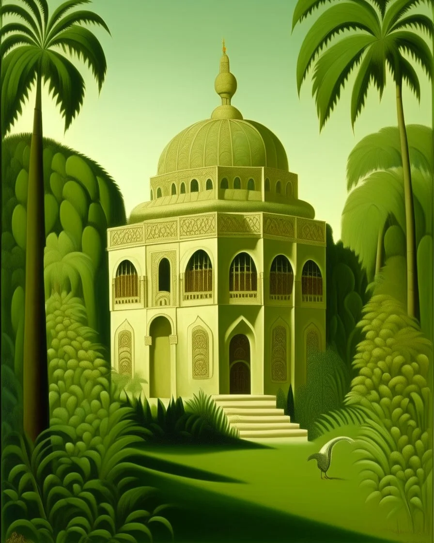 A pale lime green castle in morning light designed in ancient Egyptian hieroglyphics painted by Henri Rousseau