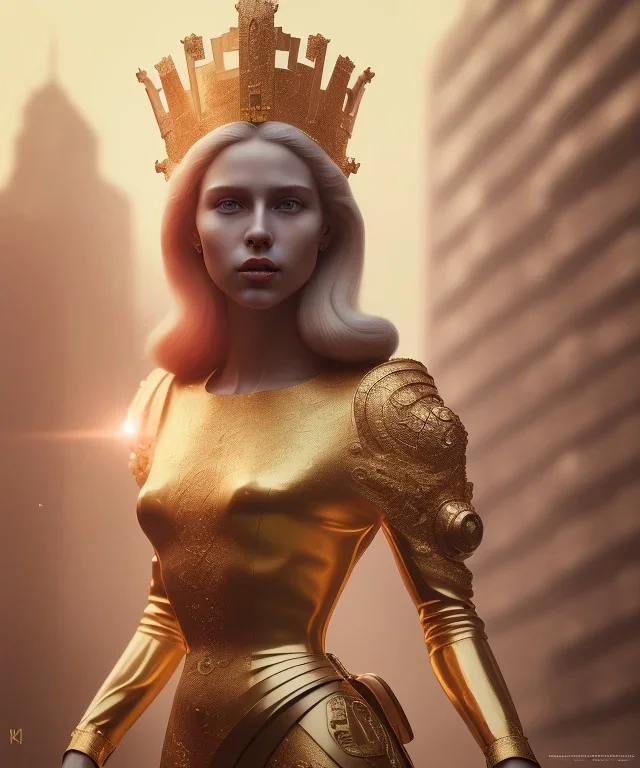 Statue of Queen of photography. Cute blonde woman. Photographer in golden crown. Standing on the street. Big camera in her hand. hyperdetailed, photorealistic, trending on artstation, greg rutkowski, beksinski, kodachrome, lomography, golden hour, bokeh, volumetric light