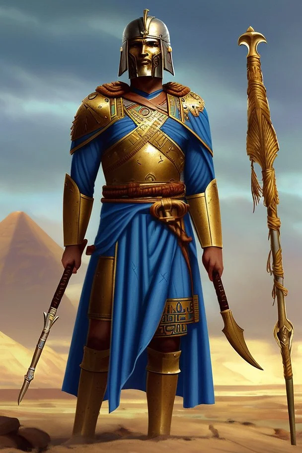 [ancien Egypt, real photography] Akkiru, Leader of the Sea Peoples, stood tall amidst the chaos of the battlefield. His helmet bore a crest like a ship's prow, an emblem of his maritime dominion. Clad in a deep blue tunic woven with threads of gold and silver, he was a beacon of command and unity among the diverse warriors under his banner. His eyes, sharp and unwavering, surveyed the conflict with seasoned wisdom. In his grip, a bronze-hilted sword gleamed in the sunlight, a reflection of the