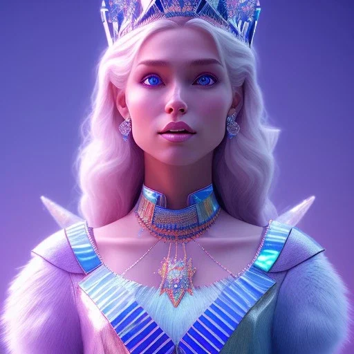 A portrait of a full body crystalised blue pink queen,smiling face, blue eyes, long blond hair, atmospheric, realistic, unreal engine, lighting