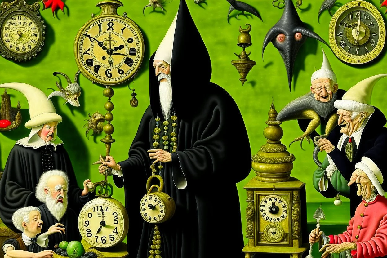 a poster with oriental people and a clock, in the style of otherworldly beings, hieronymus bosch, trompe-l'œil illusionistic detail, necronomicon illustrations,