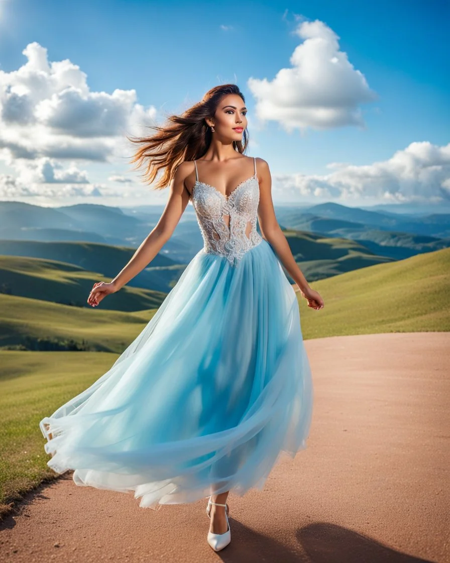 full-body closeup shot of a young, beautiful girl with a perfect face and makeup,wearing pretty dance dress standing in a stage in open air nice hills , blue sky ,pretty clouds at distant