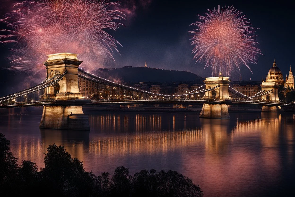 Chain Bridge Budapest, Danube, fireworks in the sky, smoke, dust, reflection at night in starshine