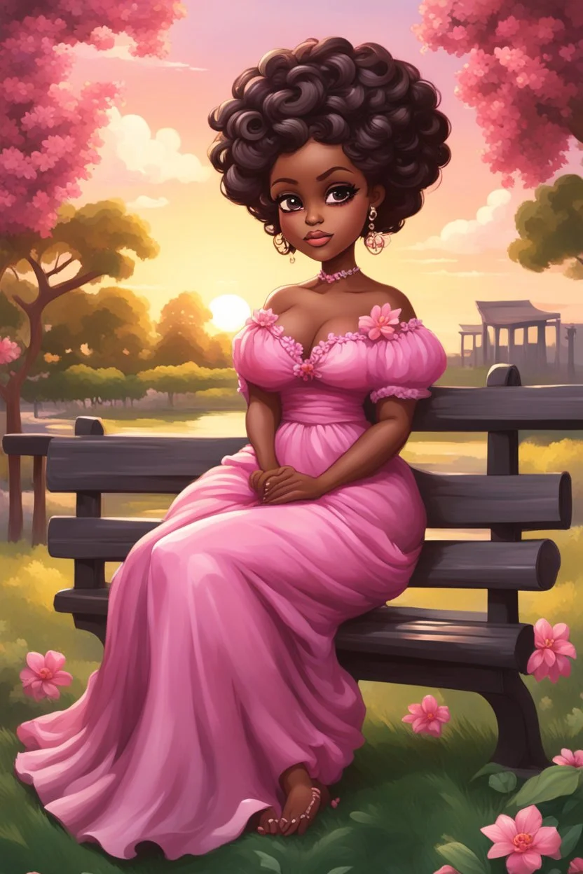 create a oil painting image of A curvy chibi cartoon black woman sitting on a park bench, facing the sunset. She has brown eyes accentuated by dramatic makeup. Her brown hair is done up in an elaborate curled twist. She sits slightly angled, wearing a flowing pink maxi dress with tropical flowers that seems to flutter in the gentle breeze.