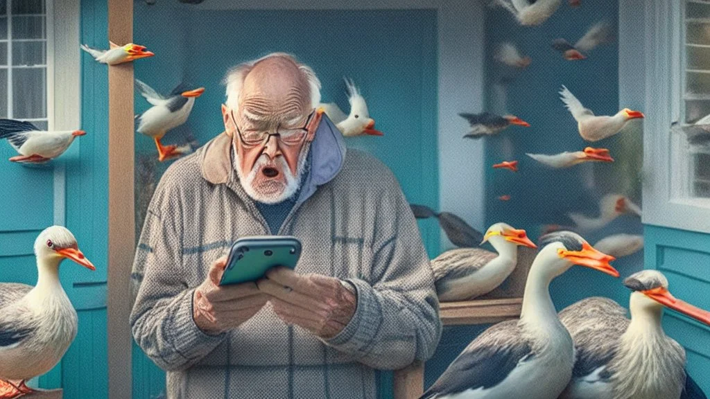 confused older man using cellphone on his porch attacked by many ducks