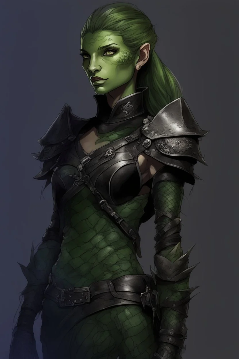 female snake humanoid, green scales, wearing a black leather armor, dungeons and dragons