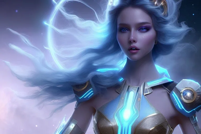  beautiful cosmic woman with blu color skin, long hair, nice smiling, magic glamour make up, delicate colors, beautiful glamour galactique dress, ultra sharp focus, 8k, unreal engine 5, extremely sharp detail, light effect, soft light atmosphere of a spaceship, smooth, full of details, face in front, complete vision of face and hair and body