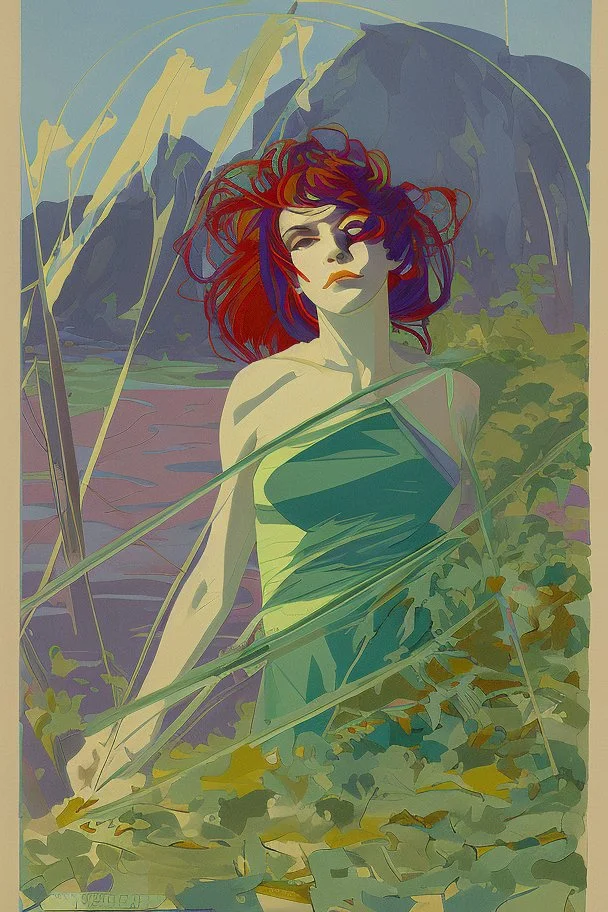 [kupka's style, straws, flows, colors, woman, soldier, full-length sleeping dead] C’est un trou de verdure où chante une rivière Un soldat jeune, bouche ouverte, la nuque baignant dans le frais cresson bleu, Pâle dans son lit vert où la lumière pleut. Les pieds dans les glaïeuls, il dort. Les parfums ne font pas frissonner sa narine ; Il dort dans le soleil, la main sur sa poitrine Tranquille. Il a deux trous rouges au côté droit.