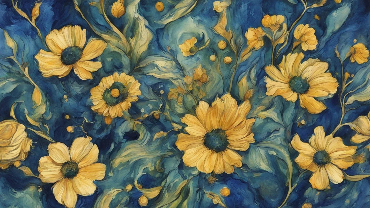 Green, dark blue and gold flower van Gough water color