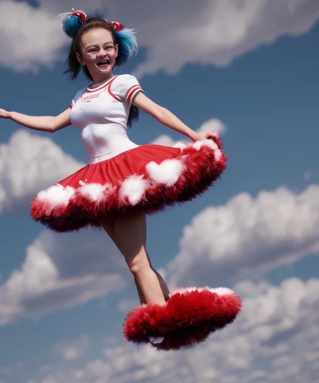 Ultra realistic speed clouds sky scene, wide angle view, cheerleader teenager falling down with many Children background, inflatable monsters, circus dress style, feather color, free jumping flying, many trinkets, hair monster, many jelly beans, balls, color smoke, smile, happy, extreme, wind, clouds sea, 20,000 feet altitude, stratosphere, soft color, highly detailed, unreal engine 5, ray tracing, RTX, lumen lighting, ultra detail, volumetric lighting, 3d, finely drawn, high definition.