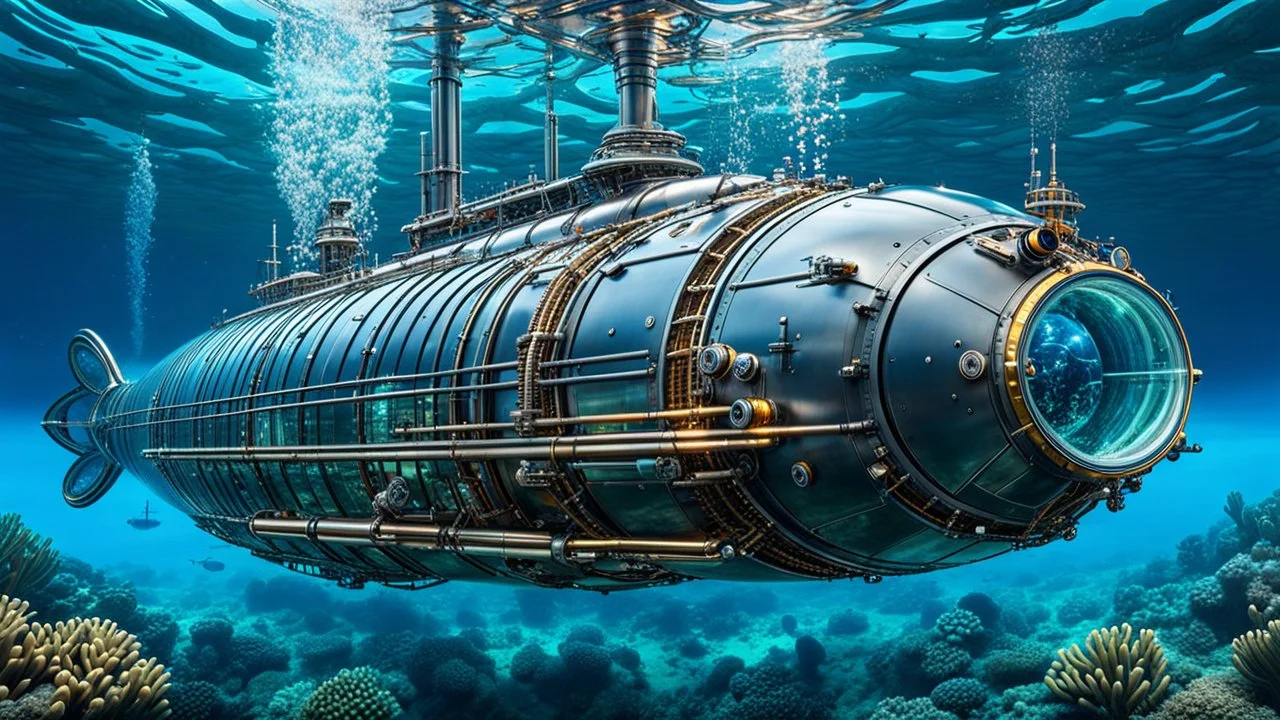 An unique cyber steampunk glass and metal submarine in the ocean, with large of water surrounding it. The submarine bottom positioned in the center of the frame, providing a unique perspective on this streamlined high-techstructure and interior equipment underwater, high detalied, sharp focus, best shot, sci-fi mood