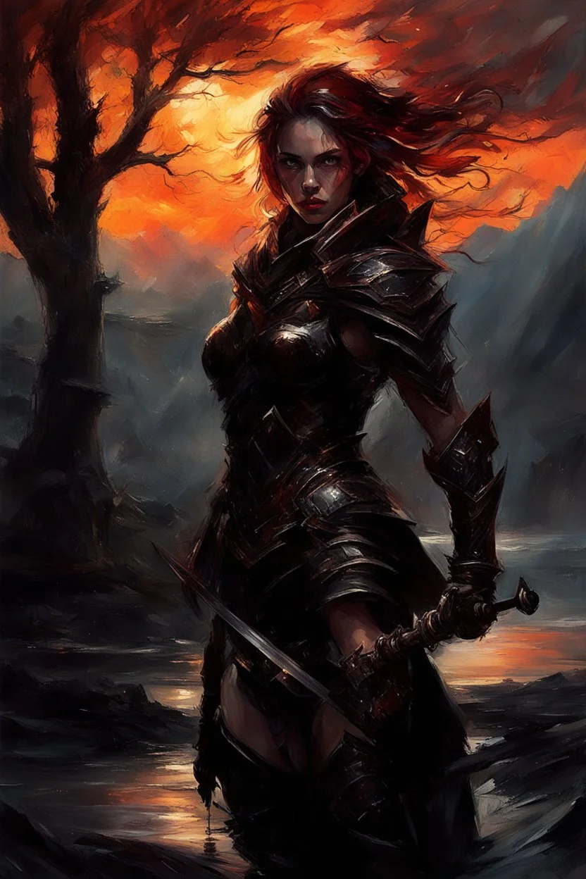 A formidable warrior girl in black armor, on the background Amazing gloomy landscape, flooded with sunset, mountains, trees, fabulous scary hero, , juicy emotions, painting, dark fantasy, bad weather, gloomy day, dark world, by Raymond Swanland & Alyssa Monks & Anna Razumovskaya & James Paick