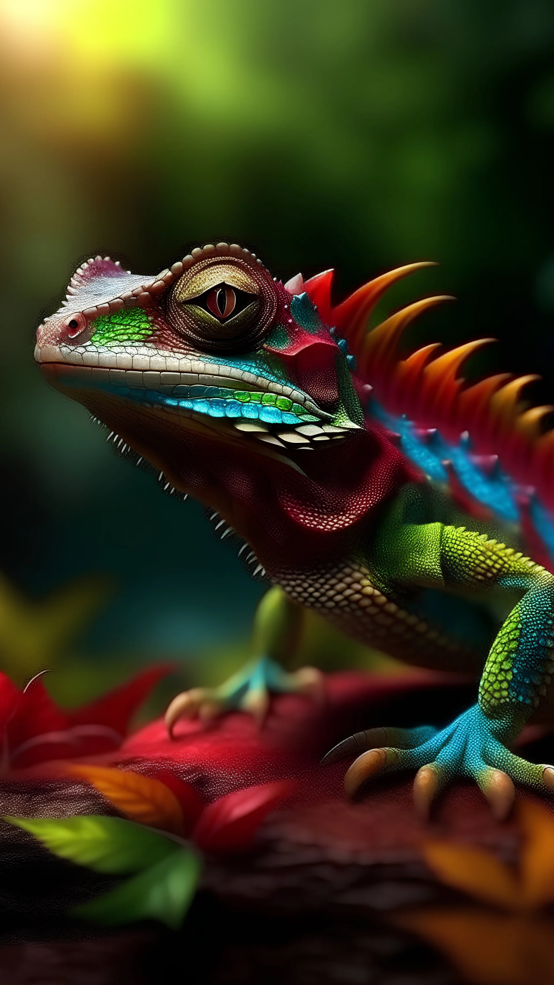 Create a cartoon fantasy photograph of a lizard-like creature in an unfamiliar world. Emphasize the creature’s sharp features, making them stand out prominently. Infuse the scene with an unsettling atmosphere, evoking a sense of discomfort. Make the background extremely vibrant and colourful with all darker tones of all colours.