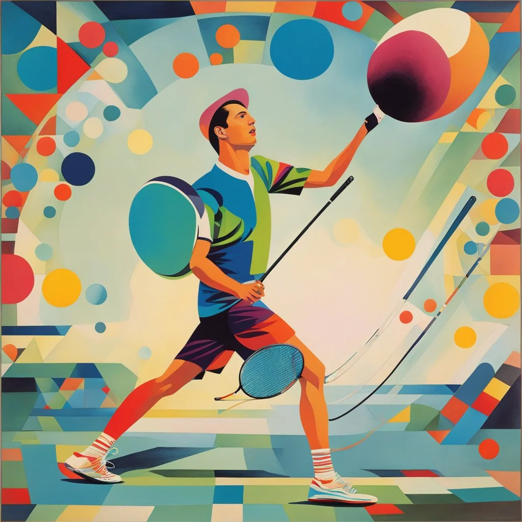 the tennis player juggles his racket: colorful and humorous, quirky avant garde [in oger dean's style] futuristic, neo-dada