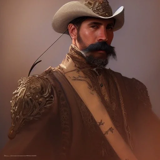 portrait,"Insanely detailed photograph of a male western mustachioed crossbowman", detailed charro and Sombrero, digital painting, artstation, concept art, sharp focus, illustration, art by artgerm and greg rutkowski and alphonse mucha, 8 k,fantasy, unreal engine