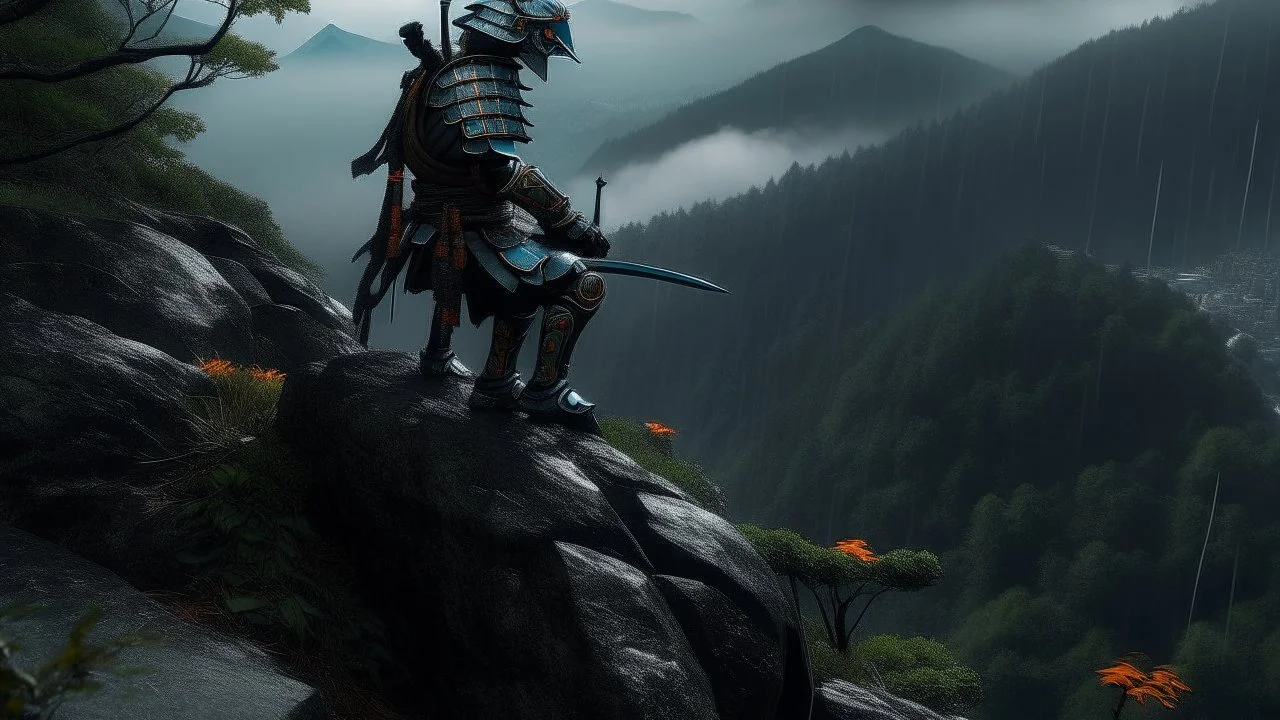 A photograph of a samurai in Tron-style armor on a mountainside cliff. The atmosphere is rainy.