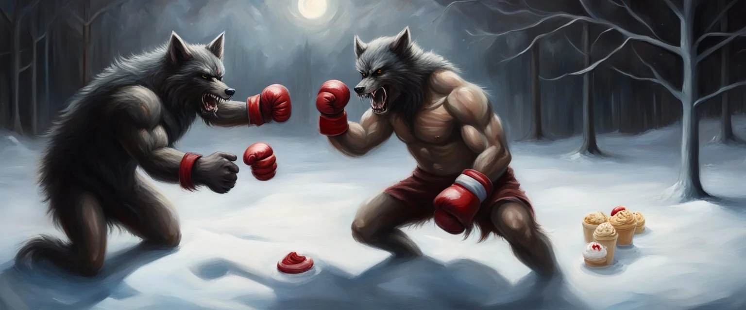 dark realistic oil painting of photo shoot of self aware werewolf boxing with shadow creature in ice cream and snow