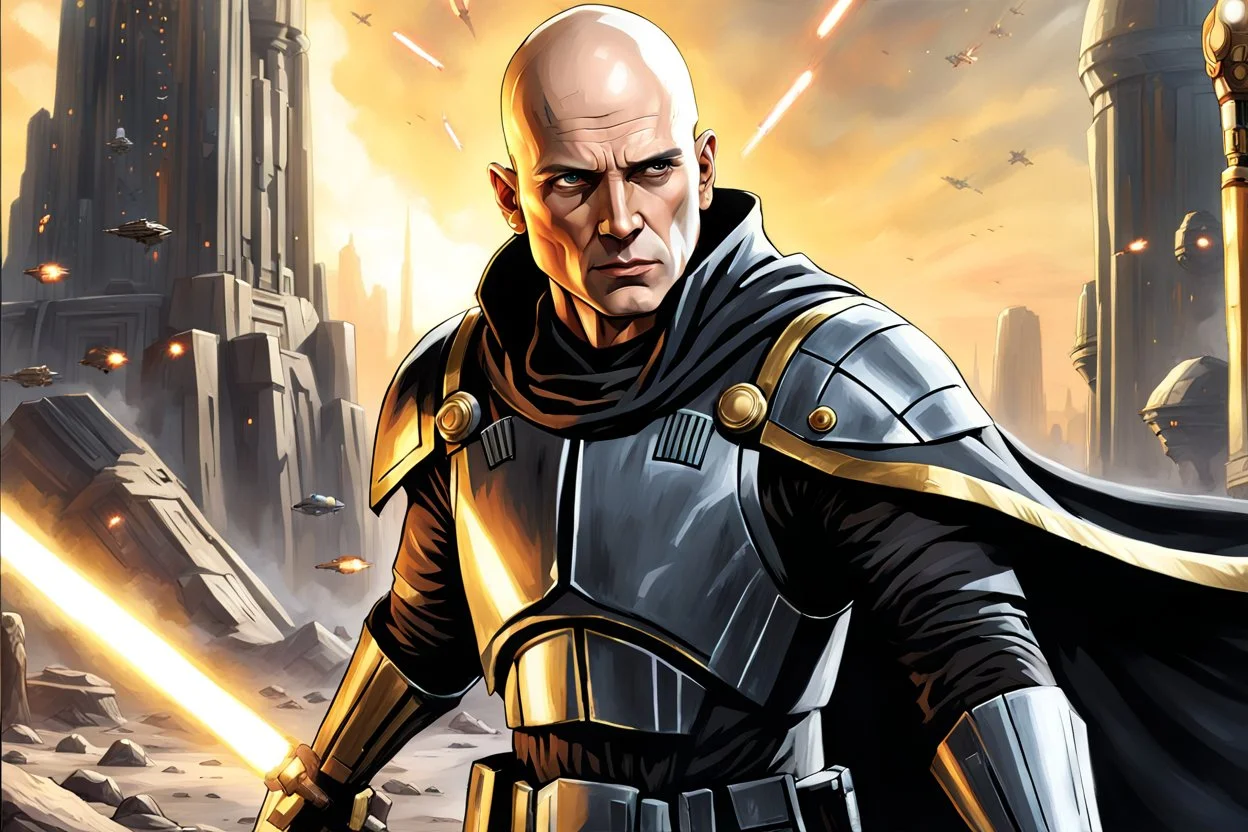 star wars bald male corellian jedi pilot wearing black and gunmetal grey old republic armored robes with gold trim, alone, battle-ready Jedi Master defending a ruined ancient city surrounded by golden light, centered head and shoulders portrait, hyperdetailed, dynamic lighting, hyperdetailed background, 8k resolution, volumetric lighting, light skin, fully symmetric details