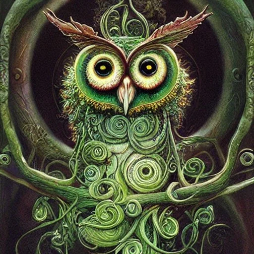 beautiful subsymmetrical elaborate fiddlehead-fern-owl, Brian Froud, Howard Lyon, Anna Dittman, Anne Stokes, Selina French, Greg Rutowski