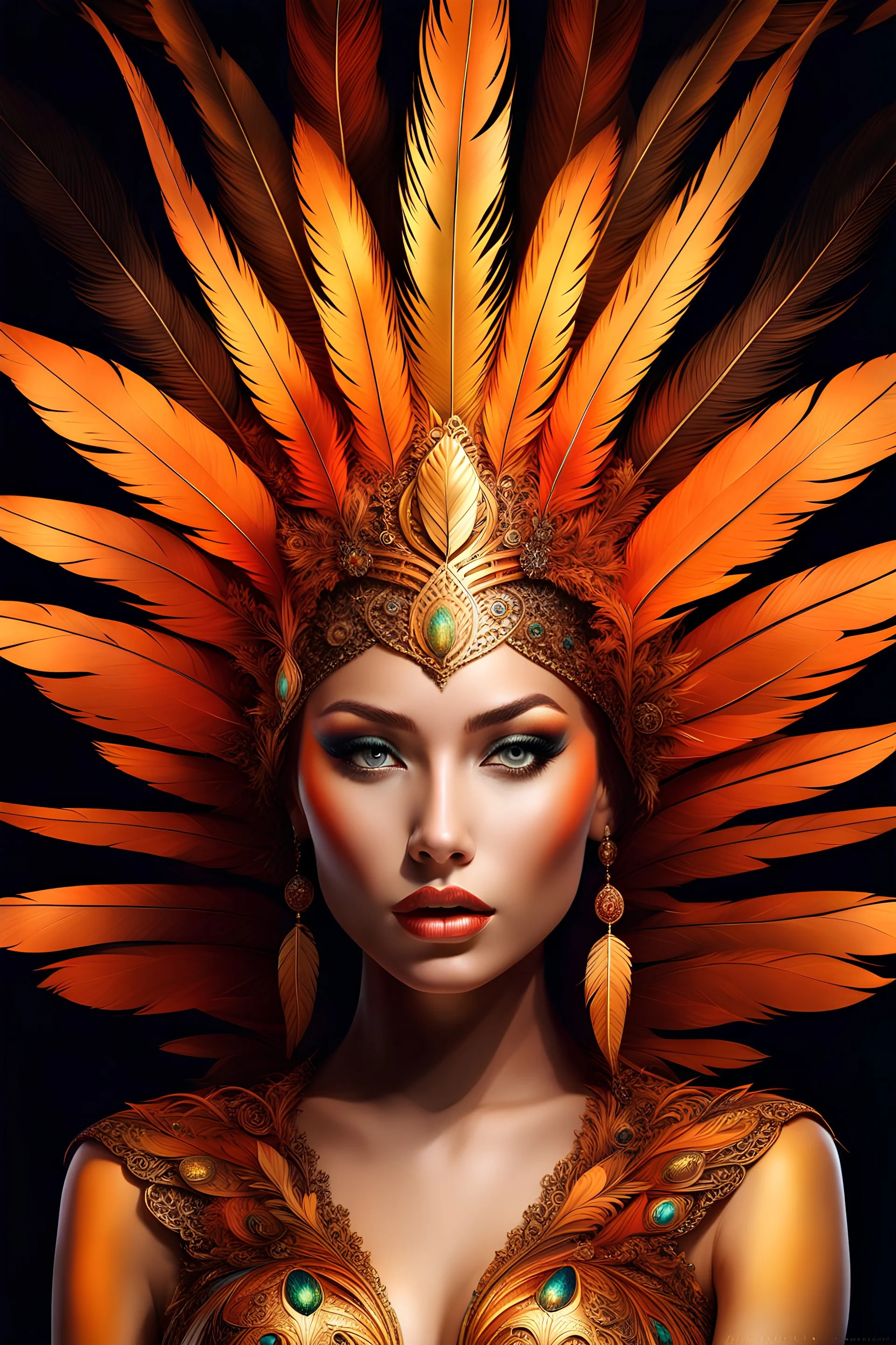 acid lighting, from below, hyperdetailed, hyper realistic, epic action full body portrait Incredible beautiful of Firebird girl with the merger between gold and fire, hypnotic opinion, fractal hair and feathers, detailed face | DamShelma | Bayard Wu, Ognjen Sporin, Yann Dalon, Toni Infante, Amr Elshamy, Viktor Miller-Gausa inquisitive soul | inspiration | gold colors, intricate detailing, surrealism, fractal details, enigmatic flirty smile, view from back, dressed in complex chaotic diamond outf