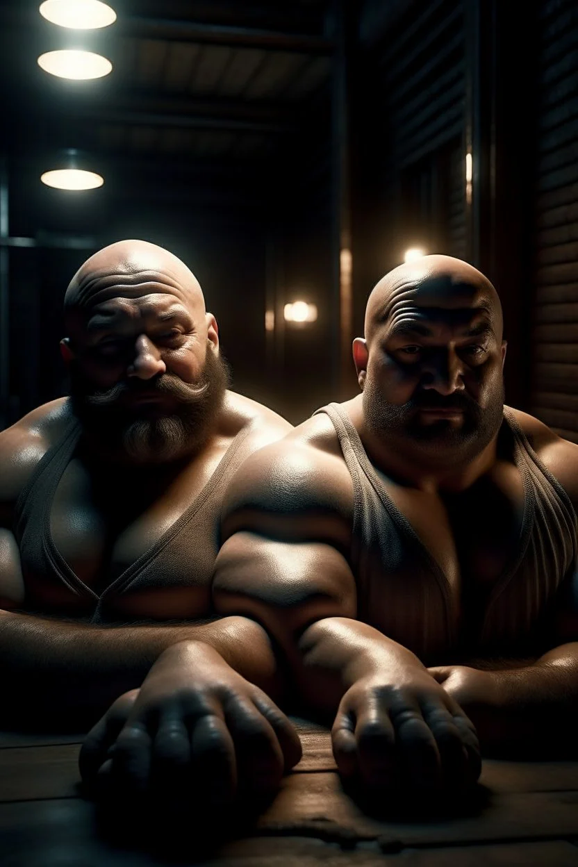 full body shot photography, two muscular chubby ugly burly marocan men , sweat, bulge, masculine hairy 54 year old man, bald, currly beard ,big shoulders, big arms, big legs, bulge,, ambient occlusion , lying down sleeping in a steamy Sauna, super high resolution, 8k, dim light, side light, ultra hyper realistic, frontal view