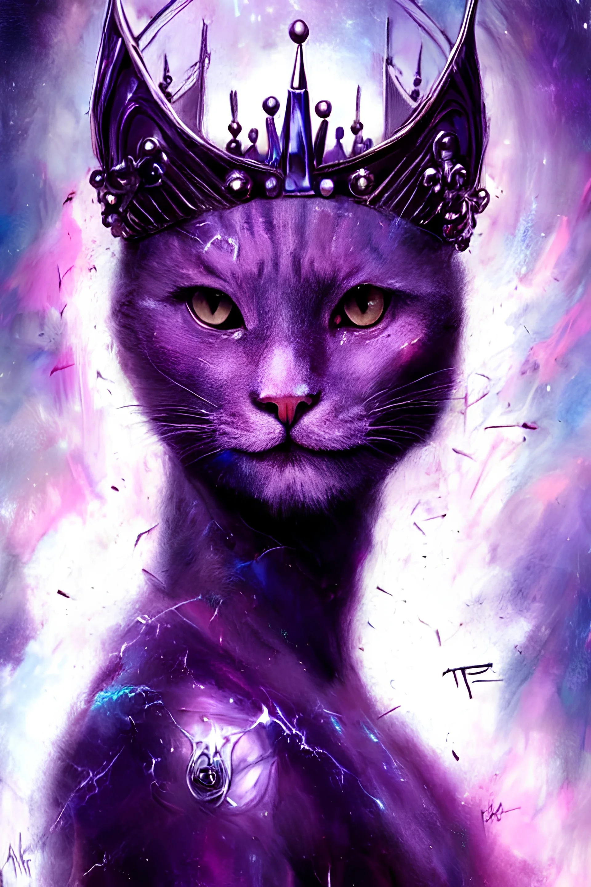 a humanoid king cat with a crown, Atmospheric beautiful by Stanley Artgerm, purple tones, Tom Bagshaw, Arthur Adams, Carne Griffiths, trending on Deviant Art, street art, chillwave, maximalist, full of color, glittering, 8k, hd