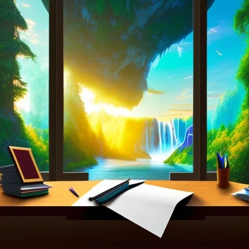 desk, parquet, sheet of paper, little pen, in front of a huge picture window with large view on a waterfall with warm light, sunset ,pixar style, panorama, nature, globe, HD